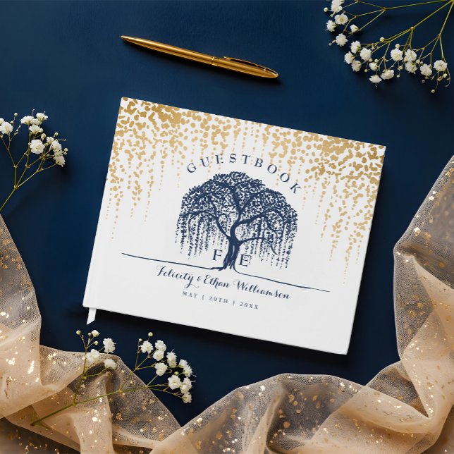 Elegante Moderne Willow Tree Navy Blue Gold Hochze Gästebuch (Elegant Modern Willow Tree Navy Blue Gold Wedding Guest Book)