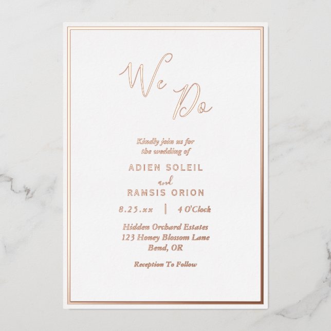 Elegante Moderne wir machen Hochzeit Rose Gold Folieneinladung (Vorderseite)