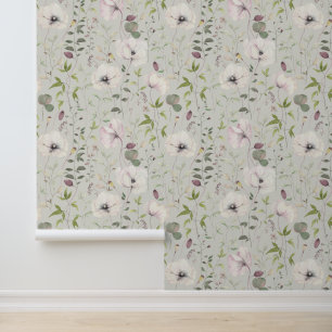 Elegante Mohnblätter Floralmuster Satin Leinen Tapete