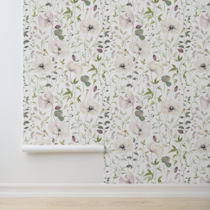 Elegante Mohnblumen & Blätter Floralmuster Weiß Tapete
