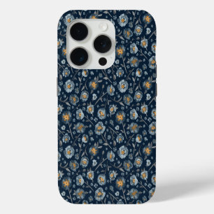 Elegante Mohnblumen Blumenmuster Blau iPhone 15 Pro Hülle