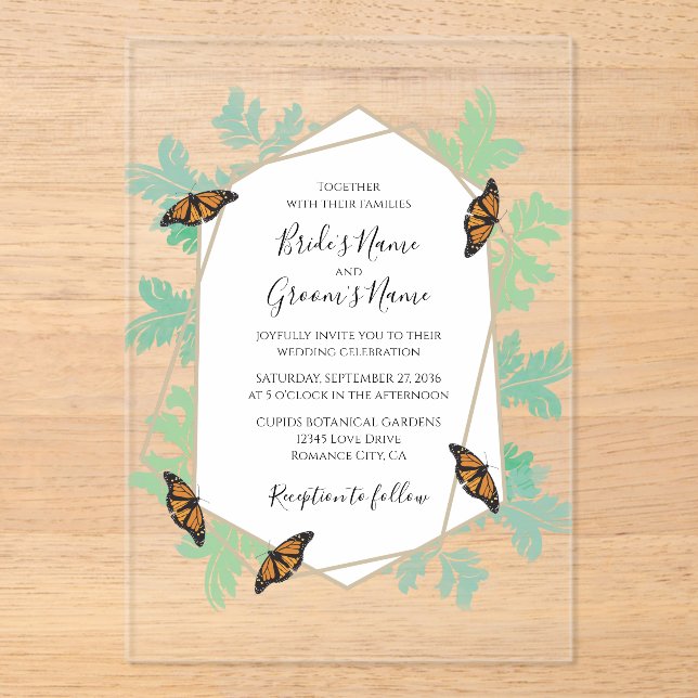 Elegante Monarch Butterfly Hochzeit Acryleinladungen (Vorderseite)