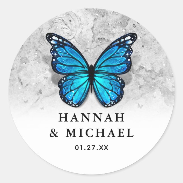 Elegante Monarch Template Blue Butterfly Wedding Runder Aufkleber (Vorderseite)