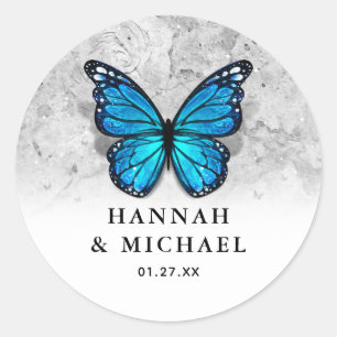 Elegante Monarch Template Blue Butterfly Wedding Runder Aufkleber
