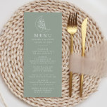 Elegante Mond and Stars Sage Green Wedding Menükarte<br><div class="desc">Dieses Hochzeitsmenü wurde für die Abstimmung mit unserer Hochzeitskollektion Eleganter Botanischer Mond und Sterne konzipiert und zeigt eine Kunstdarstellung eines Mondes mit Sternen und Blattwerk-Set vor einem schludrigen grünen Hintergrund. Persönlich gestaltet sich das Salbeigrün-Mond-Hochzeitsmenü mit Ihren Namen,  dem Hochzeitstag und den kuratierten Menüangeboten.</div>