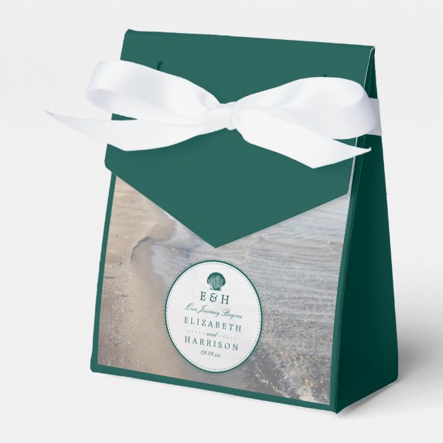 Elegante Mongram & Aquamarin Scallop Beach Hochzei Geschenkschachtel (Vorderseite)