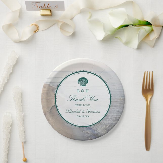 Elegante Mongram & Aquamarin Scallop Beach Hochzei Pappteller (Hochzeit)