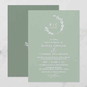 Elegante monochrome Hochzeit in Hellgrün mit Salbe Einladung
