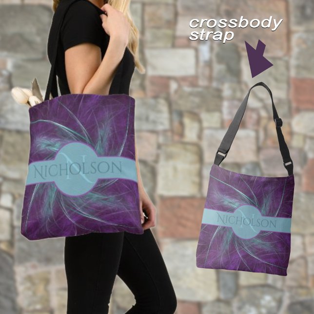 Elegante Monogram Abstrakt Spiral Lila Aquamarin (Personalize this name and monogram polyester tote for yourself or a a sweet gift. )