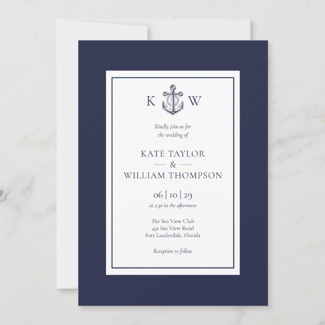 Elegante Monogram Anchor Navy Blue Nautical Weddin Einladung (Vorderseite)