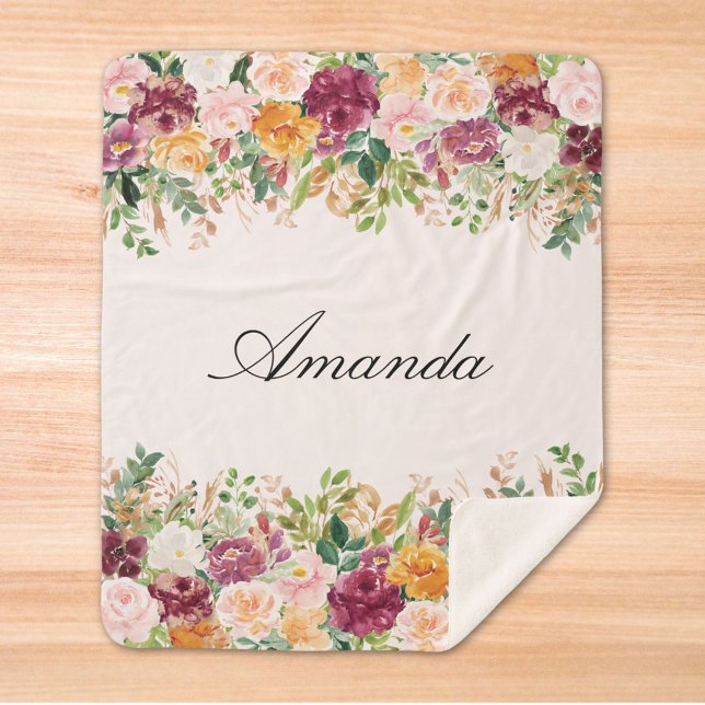 Elegante Monogram Aquarell Rose Garden Sherpadecke (Close up)