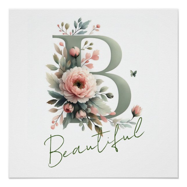 Elegante Monogram B Classic Pastel Pink Chic Peony Poster (Vorderseite)