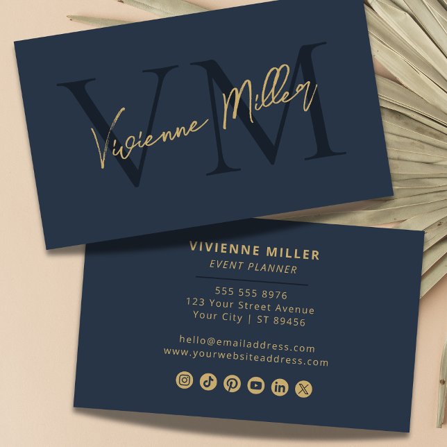 Elegante Monogram Beruflich Navy Blue Gold Visitenkarte (Elegant Monogram Professional Navy Blue Gold Business Card)