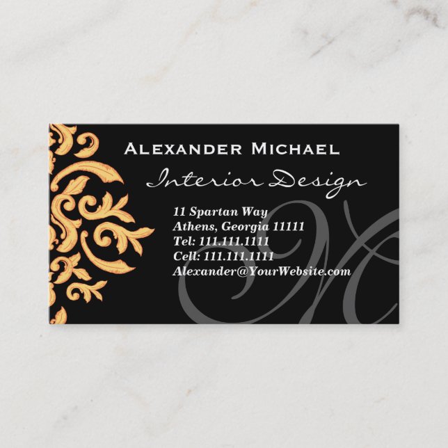 Elegante Monogram Black and Gold Damask Visitenkarte (Vorderseite)