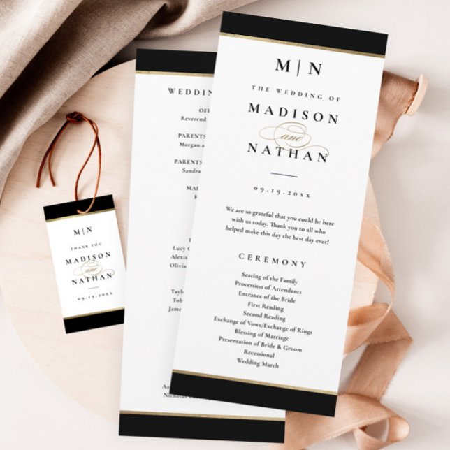 Elegante Monogram Black and Gold Wedding Programm (Elegant black and gold wedding program. Gift tag sold separately.)
