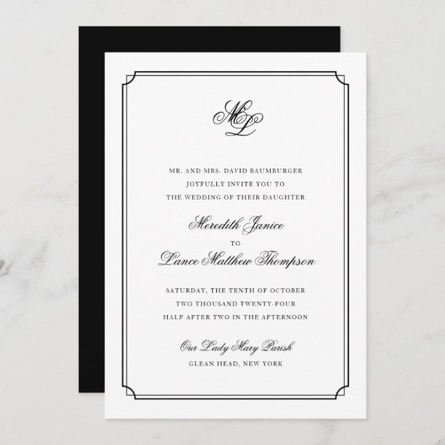 Elegante Monogram Black and White Script Wedding Einladung (Vorne/Hinten)