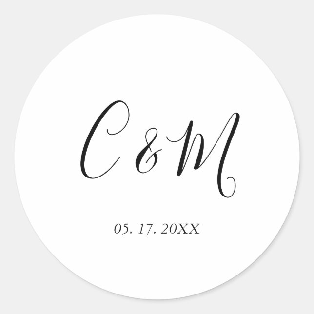 Elegante Monogram Black and White Wedding Runder Aufkleber (Vorderseite)