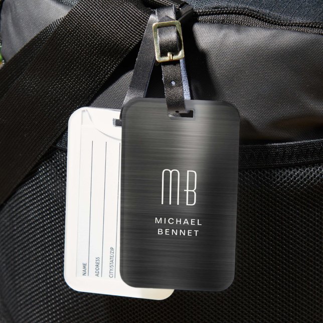 Elegante Monogram Black Brushed Metallic Gepäckanhänger (Elegant Monogram Black Brushed Metallic Luggage Tag)