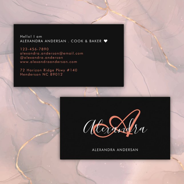 Elegante Monogram Black Coral Script Name Visitenkarte (Elegant Monogram Black Coral Script Name Business Card)