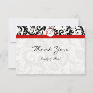 Elegante Monogram Black Damask Red Trim Wedding Mitteilungskarte