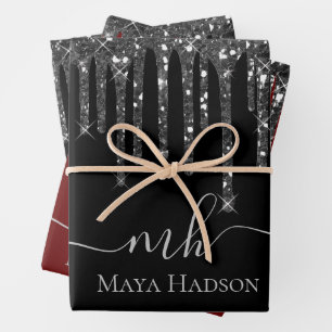 Elegante Monogram Black Glitzer Tropfen Geschenkpapier Set
