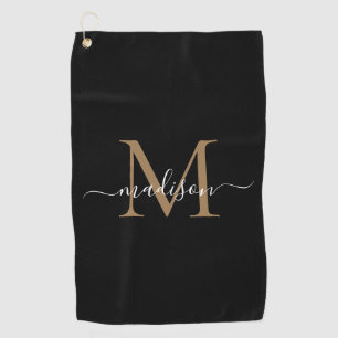 Elegante Monogram Black Gold Girly Script Name Golfhandtuch