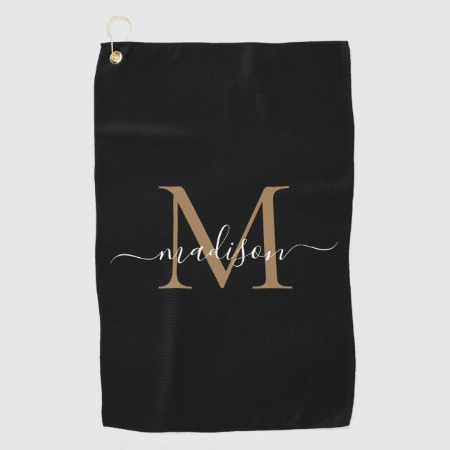 Elegante Monogram Black Gold Girly Script Name Golfhandtuch (Vorderseite)