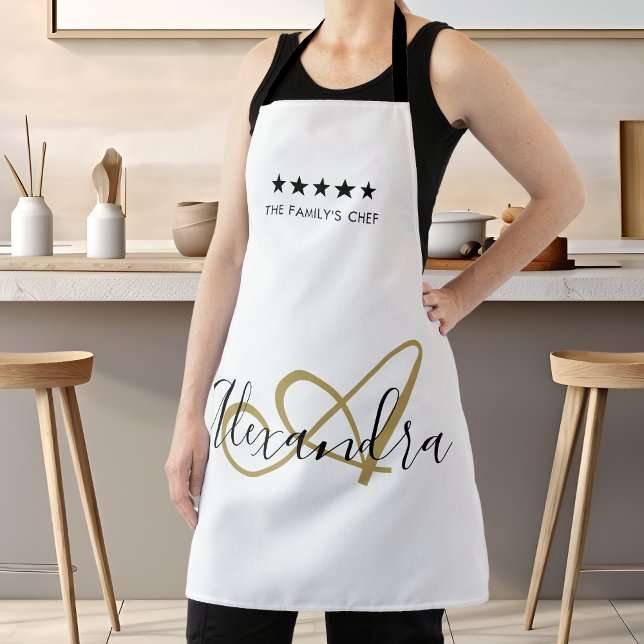 Elegante Monogram Black Gold Script Bester Koch Na Schürze (Elegant Monogram Black Gold Script Best Chef Name Apron)