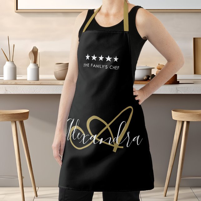 Elegante Monogram Black Gold Script Bester Koch Na Schürze (Elegant Monogram Black Gold Script Best Chef Name Apron)