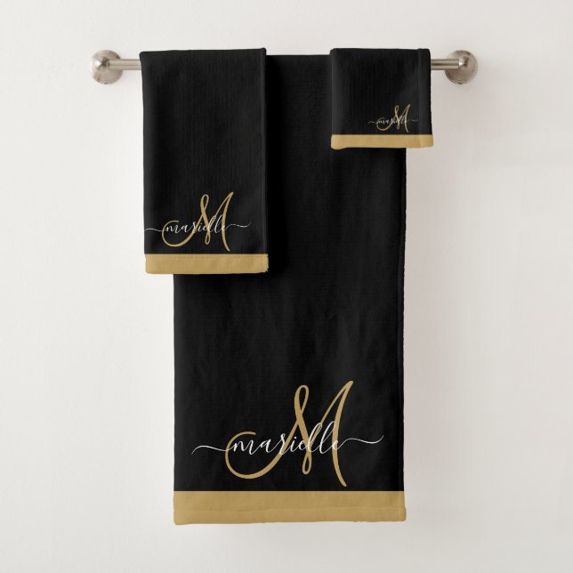Elegante Monogram Black Gold Script Name Badhandtuch Set (Insitu)