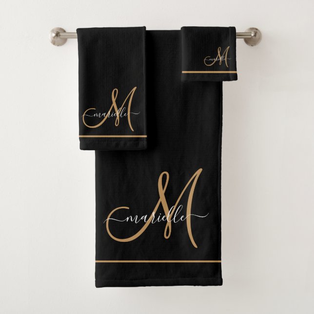 Elegante Monogram Black Gold Script Name Badhandtuch Set (Insitu)