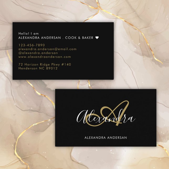 Elegante Monogram Black Gold Script Name Visitenkarte (Elegant Monogram Black Gold Script Name Business Card)