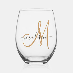Elegante Monogram Black Gold Script Name Weinglas Ohne Stiel