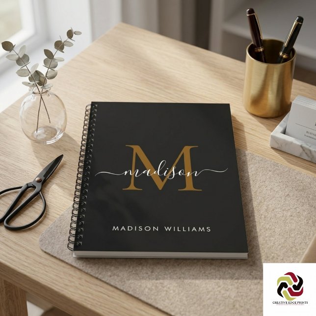 Elegante Monogram Black Gold Script Office School Notizblock (Elegant Monogram Black Gold Script Office School Notebook
)