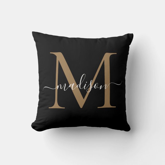 Elegante Monogram Black Gold Stilvolle Girly Scrip Kissen (Vorderseite)