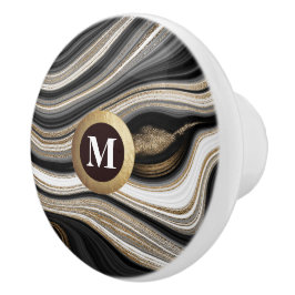 Elegante Monogram Black Gold White Agate Keramikknauf