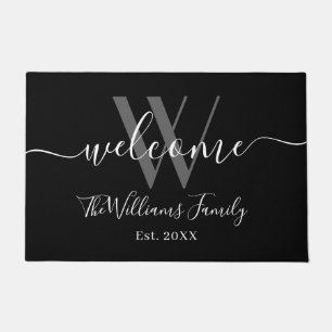 Elegante Monogram Black Gray Name Script Hochzeit Fußmatte