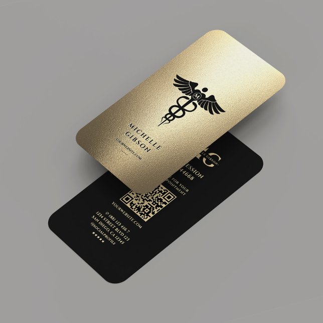 Elegante Monogram Black Imitats Gold Caduceus Medi Visitenkarte (Elegant Monogram Black Gold Caduceus Medical Business Card
)