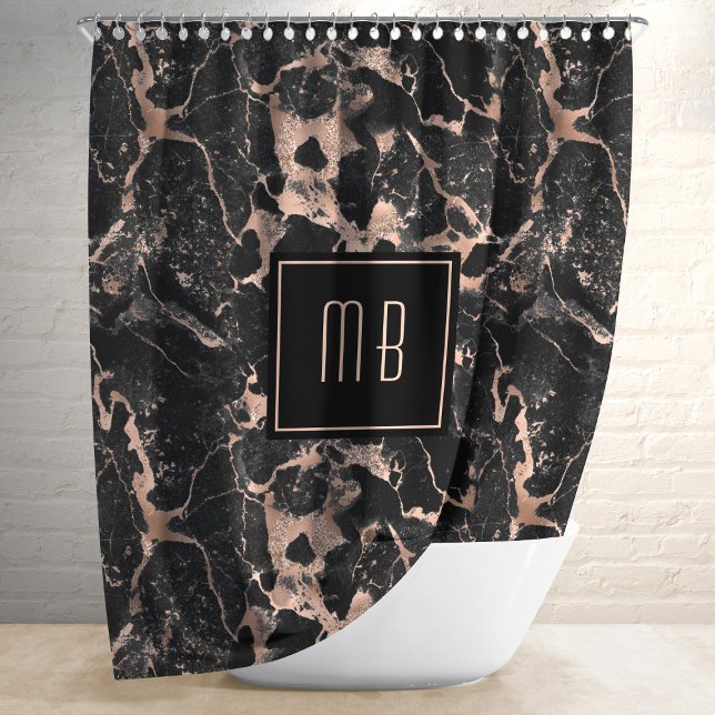 Elegante Monogram Black Marble Duschvorhang (Personalized Monogram Rose Gold Black Marble Shower Curtain)