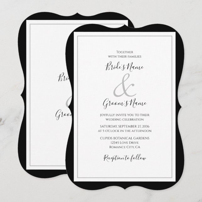 Elegante Monogram Black & White Wedding Einladung (Vorne/Hinten)