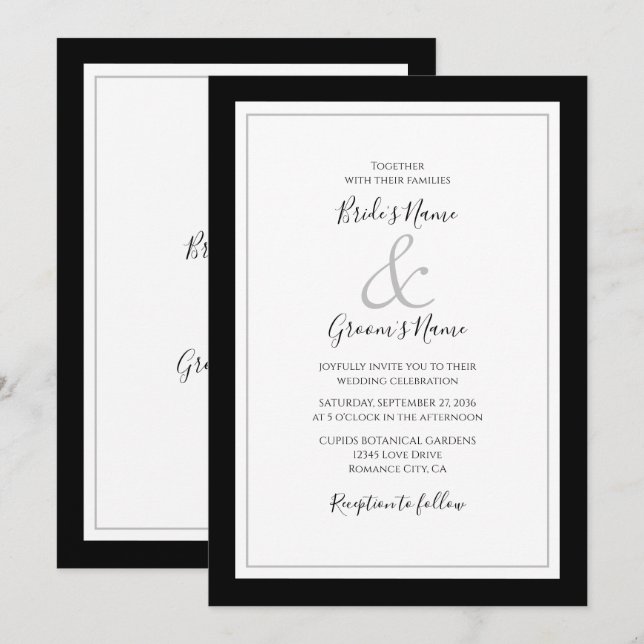 Elegante Monogram Black & White Wedding Einladung (Vorne/Hinten)