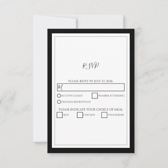 Elegante Monogram Black & White Wedding RSVP Karte (Vorderseite)