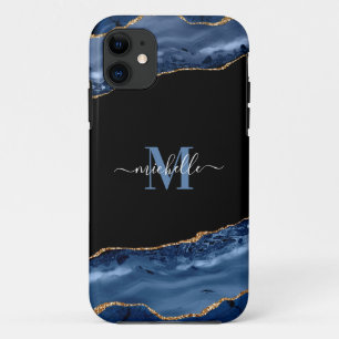 Elegante Monogram Blue, Black & Gold Agate Geode Case-Mate iPhone Hülle