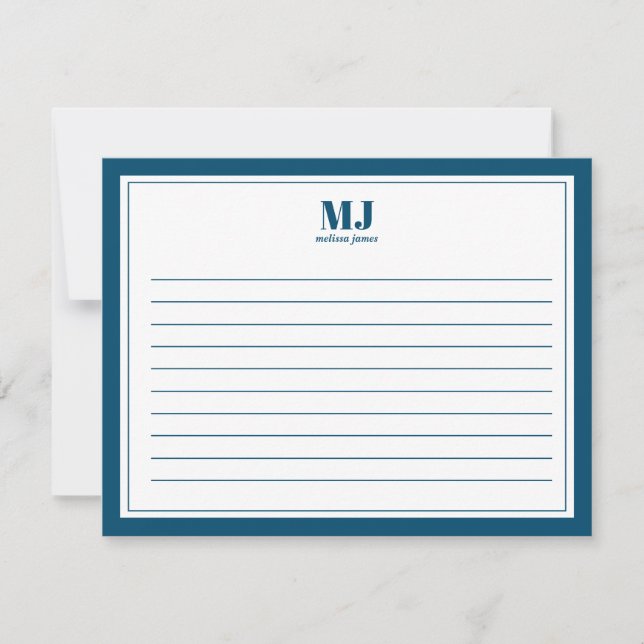 Elegante Monogram Blue Border Minimalistisch Mitteilungskarte (Vorderseite)
