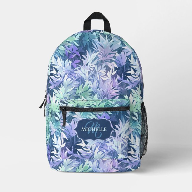 Elegante Monogram Blue Green Blätter Bedruckter Rucksack (Vorderseite)