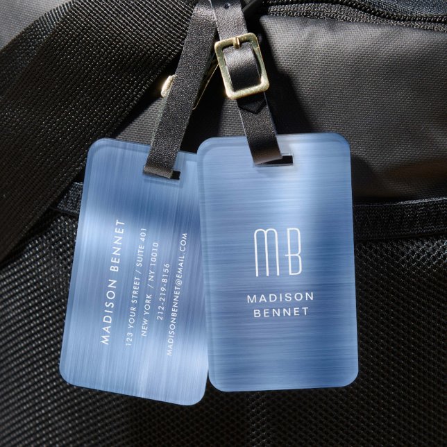 Elegante Monogram Blue Imitats gebürstet Metallic Gepäckanhänger (Elegant Monogram Blue Brushed Metallic Luggage Tag)