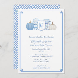 Elegante Monogram Blue & White Pumpkins Baby Showe Einladung