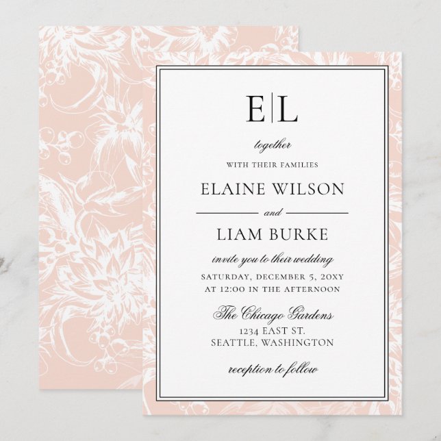 Elegante Monogram Blush Floral Wedding Einladung (Vorne/Hinten)
