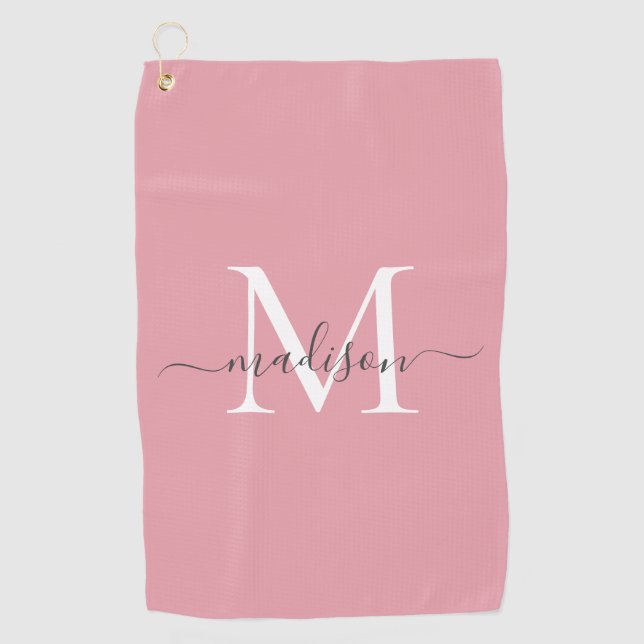 Elegante Monogram Blush Pink Graue Girly Script Na Golfhandtuch (Vorderseite)