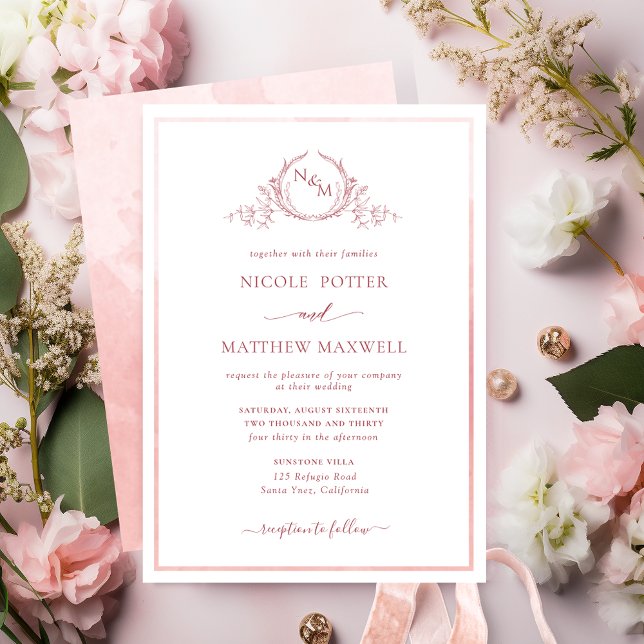 Elegante Monogram Blush Pink Watercolor Wedding In Einladung (Von Creator hochgeladen)